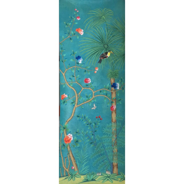Chinoiserie Hand Painted Wallpapers on Blue Edo Xuan Paper Panel - 5 Panels For Sale - Image 4 of 8
