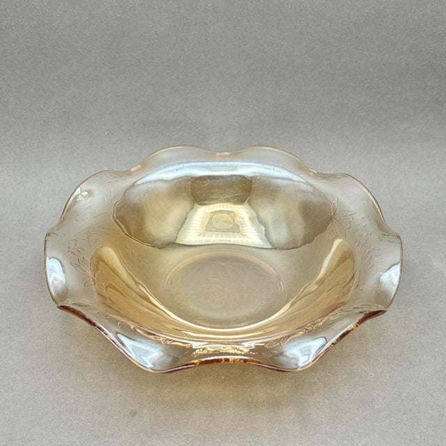 Mid 20th Century Vintage Jeannette Glass Co. Iridescent Marigold Glass “Floragold or Louisa” Ruffled Bowl With Impressed Florals For Sale - Image 5 of 9