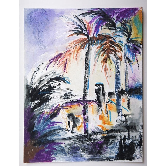 Contemporary watercolor on paper painting of a coastal scene with palm trees. Unsigned. Unframed.