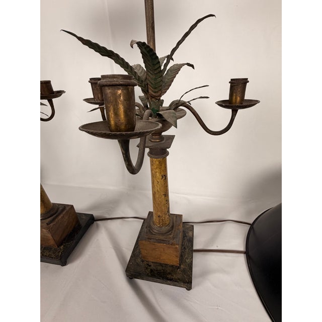 Goldenrod Mid 20th Century Hollywood Regency Tole Palm Tree Candelabra Table Lamps For Sale - Image 8 of 11