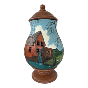 Vintage Hand-Painted Gristmill Ceramic Table Lamp With Wood-Tone Lid and Base 13.5”