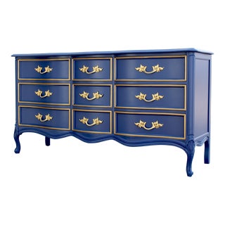 Late 20th Century Vintage French Provincial Blue and Gold Dresser of Nine For Sale