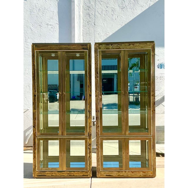 Metal Vintage Boho Bernard Rhône for Mastercraft Acid Etched Brass Cabinets - A Pair For Sale - Image 7 of 9