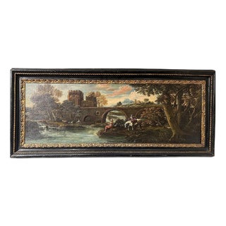 Overmantel Painting Depicting Travelers Fishing Near Ponte Mammolo, Late 17th Century, Oil on Canvas For Sale