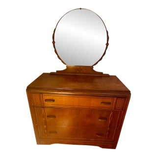 Vintage Art Deco Solid Wood Dresser With Detachable Round Mirror, C. 1920s For Sale