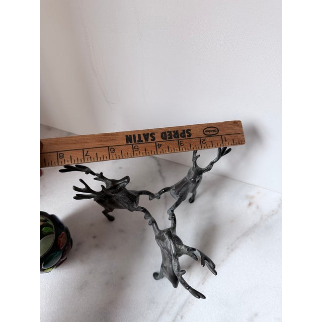 Vintage Cast Iron Reindeer Candle Holder With a Multi-Colored Glass Pillar For Sale - Image 14 of 14
