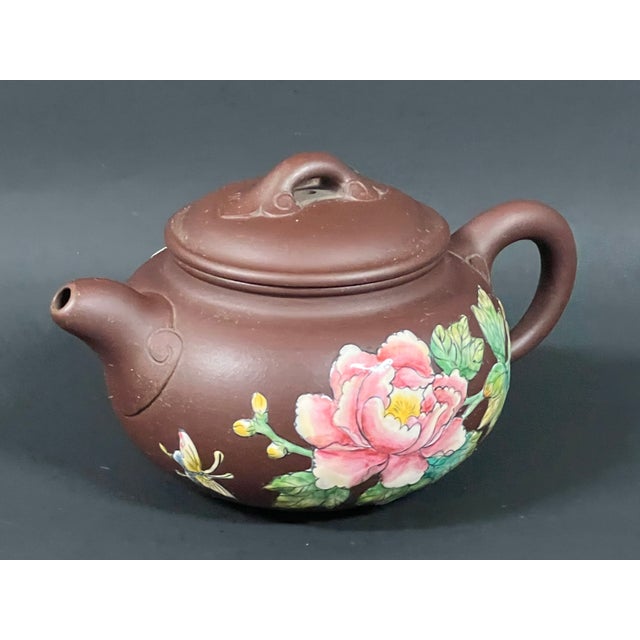 Late 20th Century Chinese Art Yixing Clay Teapot With Enamel Flower Design For Sale - Image 4 of 10