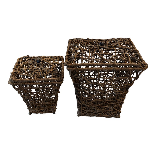 Pair of Woven Rattan Lidded Baskets With Black Bead Finials — 5” & 7” Diameter For Sale