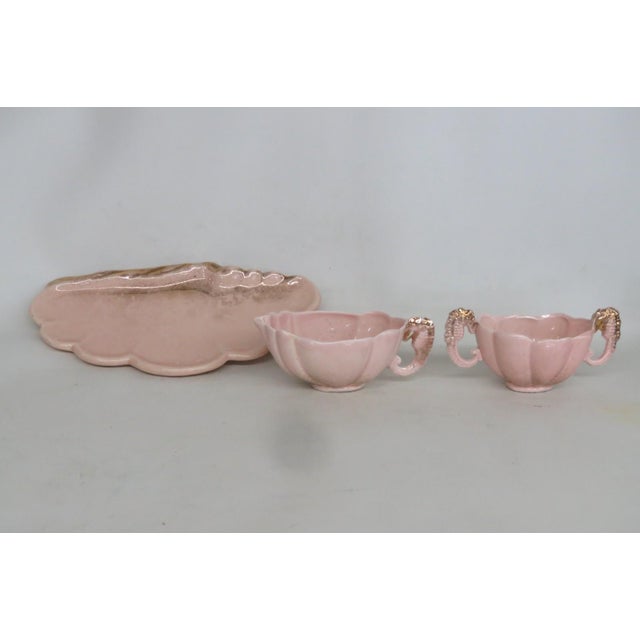 Mid 20th Century Pink Ceramic 3pc Set Tray Sugar Creamer With Gold Sea Horse Handle Design For Sale In Miami - Image 6 of 13