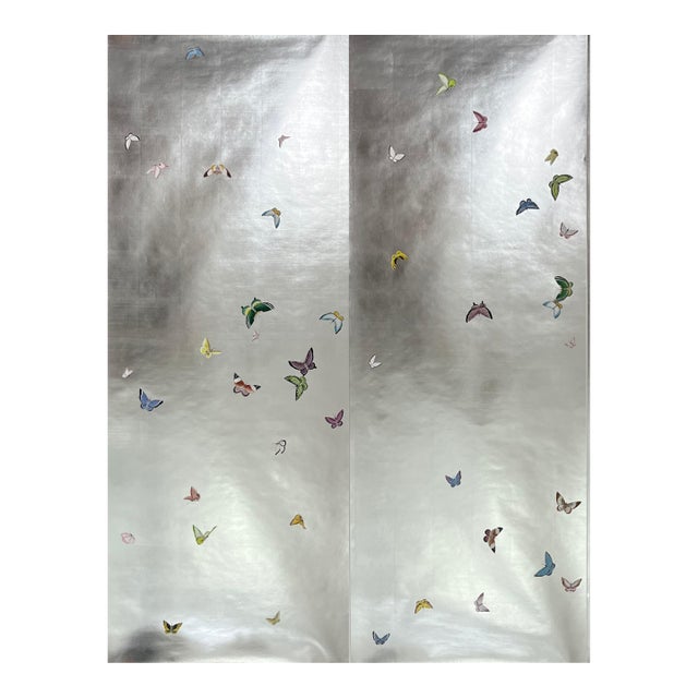 Silver Leaf Chinoiserie Hand-Painted Butterfly Wall Panels (Set of 2) For Sale