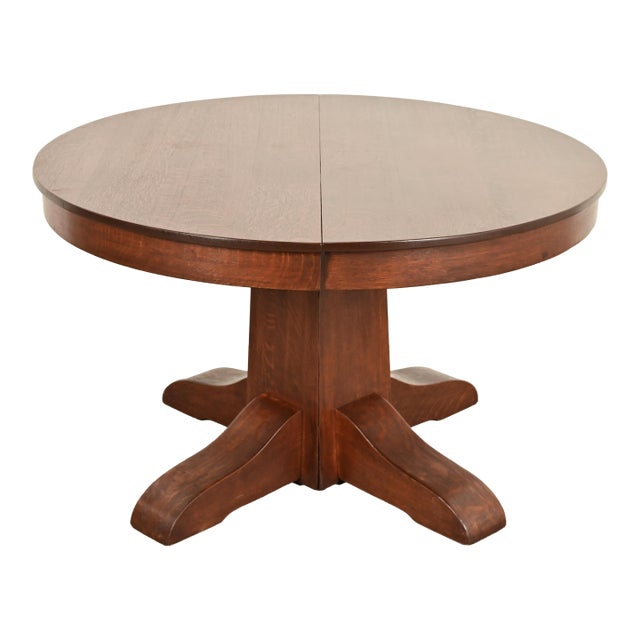 Gustav Stickley Style Antique Mission Oak Arts & Crafts Split Pedestal Extension Dining Table, Circa 1910 For Sale