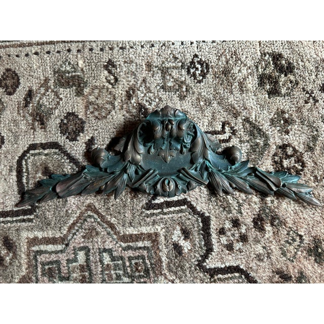 Vintage Baroque Cast Metal Bronze Architectural Pediment With Verdigris Patina – Castilian Imports For Sale - Image 4 of 6