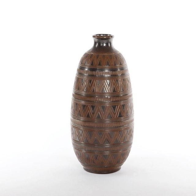 A large and magnificent scandinavian modern brown salt-glazed stoneware vase by arthur andersson with horizontal patterns...