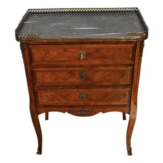 1900 French Louis XV Walnut Satinwood Marble Top Nightstand Bedside Table For Sale