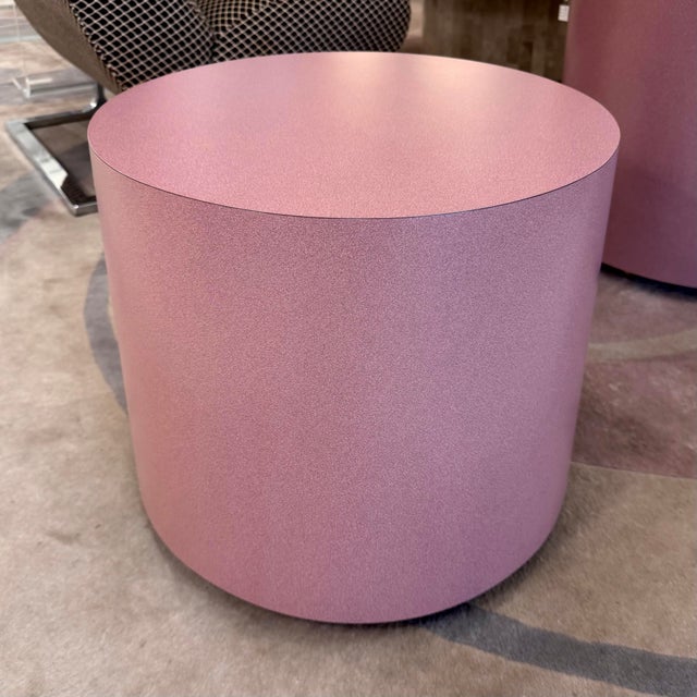 Art Deco Pair of Vintage 1980’s Rolling Mauve Laminate Drum Side Tables For Sale - Image 3 of 8