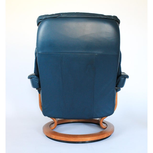 Vintage Ekornes "Stressless" Navy Blue Leather Reclining Chair & Ottoman For Sale - Image 9 of 12