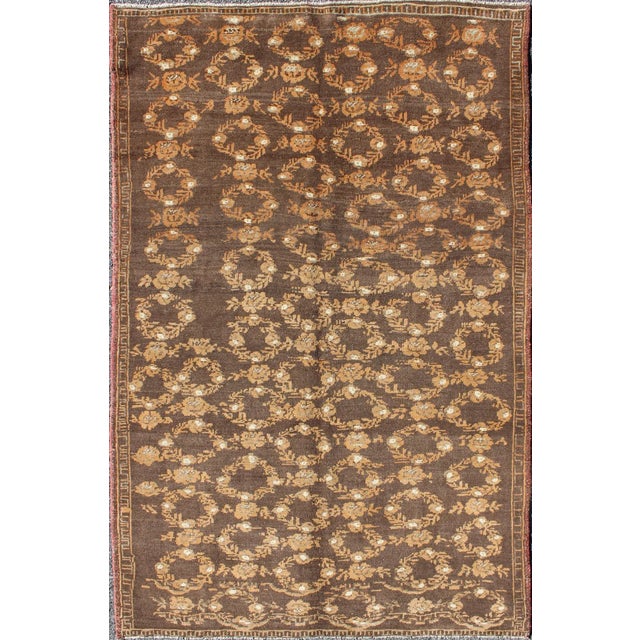 Textile Mid 20th Century All-Over Floral Wreath Design Turkish Oushak Rug With Brown Background For Sale - Image 7 of 7