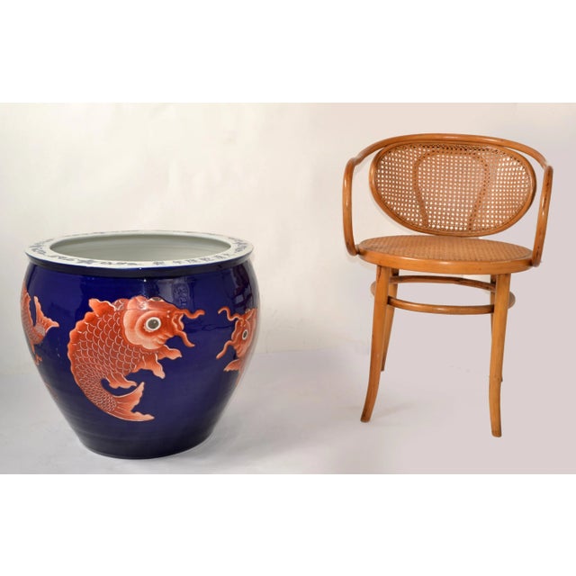 Mid 20th Century Vintage Marked Chinese Porcelain Floral Planter Blue & White Golden Koi Fish For Sale - Image 5 of 12