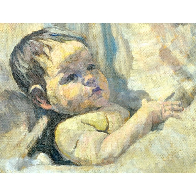 Impressionist Impressionist "Early Riser" Oil Portrait of a Baby 1920 For Sale - Image 3 of 6