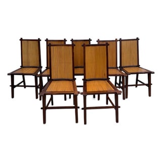 Rustic Javanese Vintage Wooden Dinning Chairs With Slatted Bamboo Back and Seat For Sale