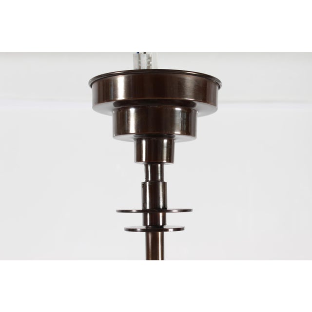 Danish Art Deco 3-Armed Chandelier in Patinated Brass with Light Rose Glass Shades from Lyfa, 1930s For Sale - Image 10 of 18