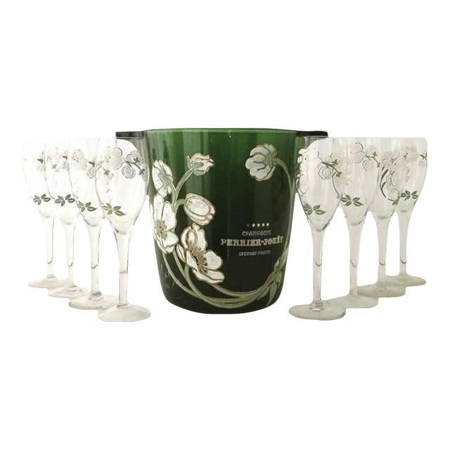 Vintage Perrier-Jouët Green Glass Champagne Bucket With Champagne Flutes Set- 9 Pieces For Sale