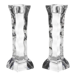 1990s Swedish Orrefors "Cruise" Wave Crystal Candlesticks by Helén Krantz - A Pair For Sale