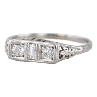 0.17ctw Diamond Art Deco Filigree Ring 14k White Gold Size 7 Stackable For Sale
