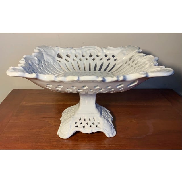 Vintage Majolica pottery white pierced centerpiece/compote. Made in Italy. Excellent condition.