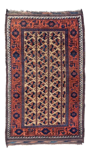 1900-1910s Caucasian Rust Blue Ivory Geometric Tribal Baluch Rug