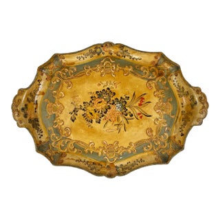 Vintage Hand-Painted Japanese Floral Paper Mache Tray For Sale