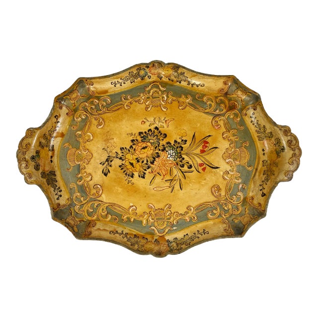 Vintage Hand-Painted Japanese Floral Paper Mache Tray For Sale