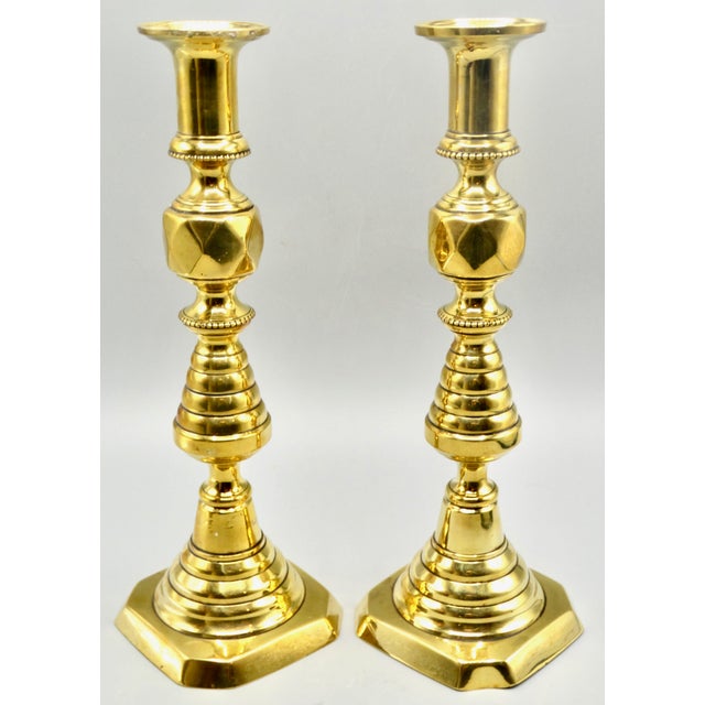 Brass Antique English Brass Push-Up Beehive Candlesticks, a Pair For Sale - Image 8 of 9
