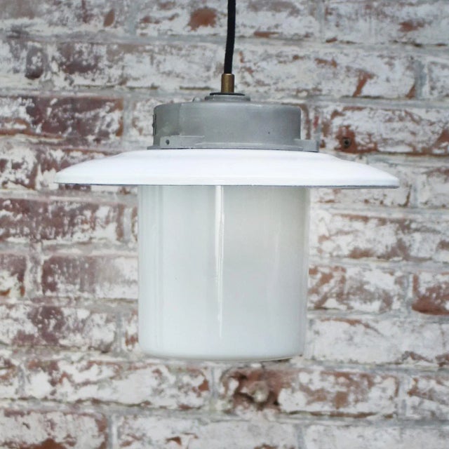 Glass Vintage White Enamel & Opaline Glass Pendant Lamp For Sale - Image 7 of 8
