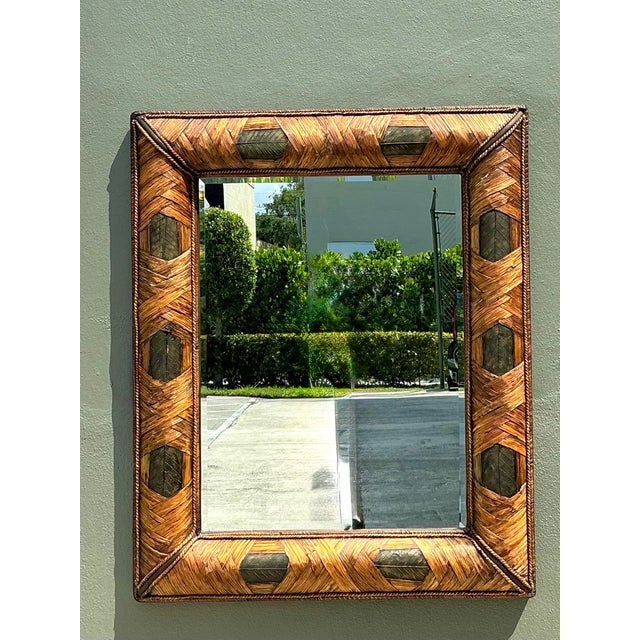 Contemporary Vintage Wrapped Rattan Brass Leaf Mirror For Sale - Image 3 of 12