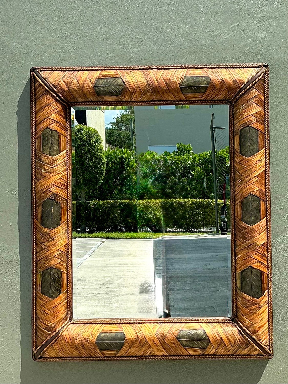 Vintage Wrapped Rattan Brass Leaf Mirror - Side view