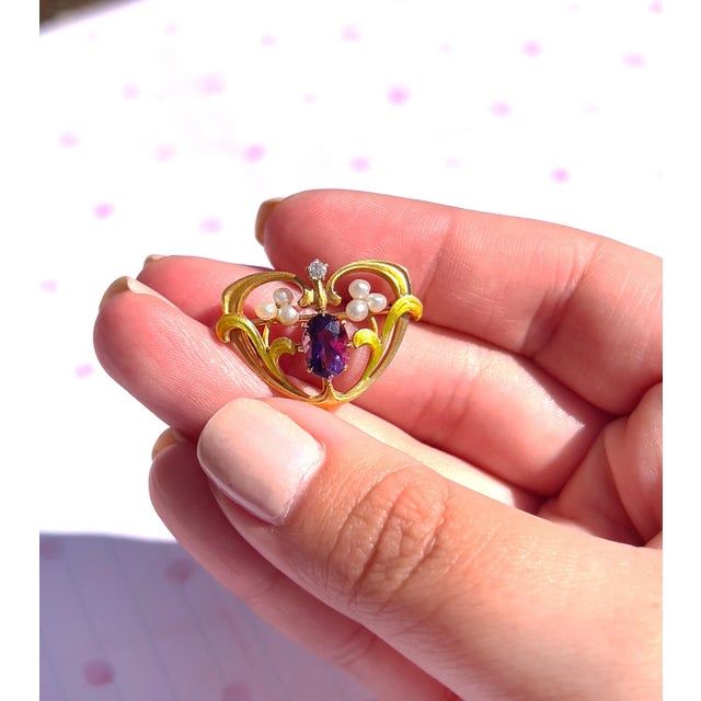 Gold 1910s Art Nouveau Amethyst, Pearl & Enamel Brooch, Watch Pin, 14k For Sale - Image 8 of 9