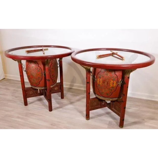 Pair of Early 20th Century Antique Chinese Polychrome Gilt Decorated Red Drum Glass Top Tables For Sale - Image 12 of 12