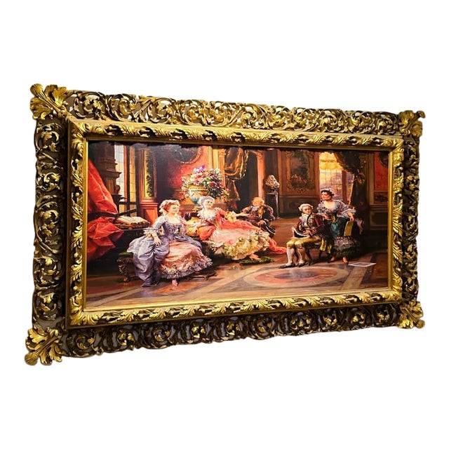 Romantic French Rococo Wall Art With Gilded Gold Leaf Frame – Victorian Salon Scene For Sale