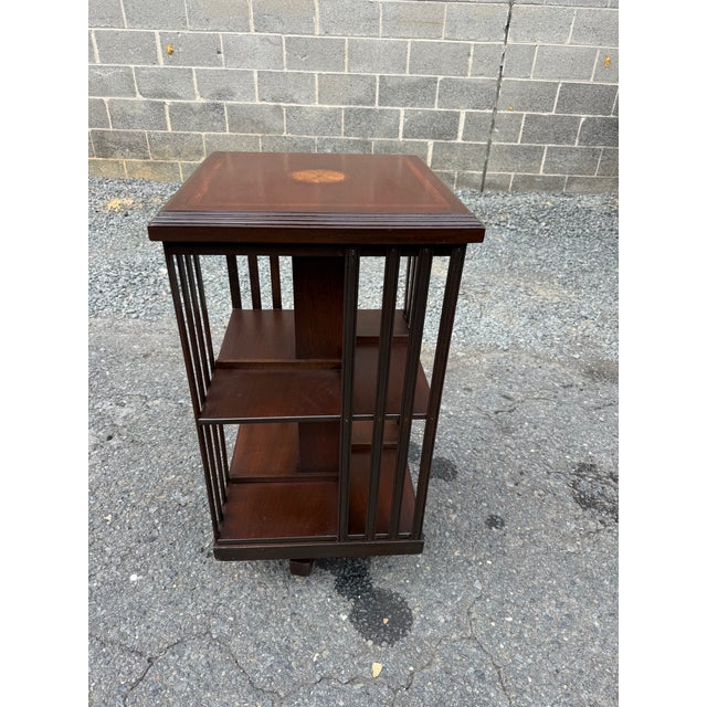 Brown Early 20th Century Pair of Edwardian Style Revolving Mahogany Inlaid Bookcase Side Tables For Sale - Image 8 of 16