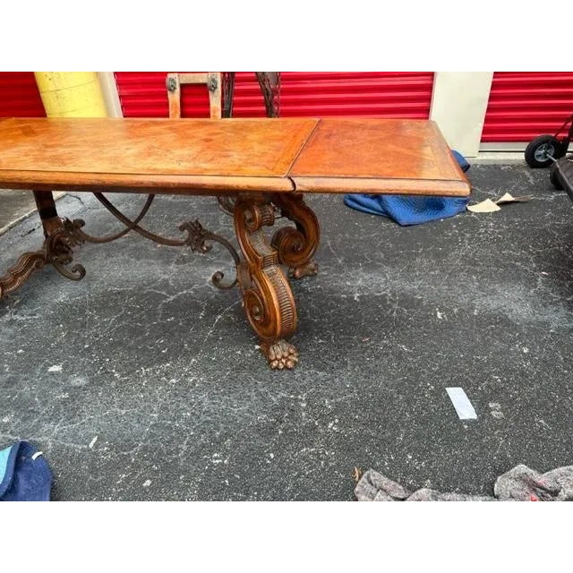 Large Oak Spanish Renaissance Style Large Dining Kitchen Table 2 Leafs