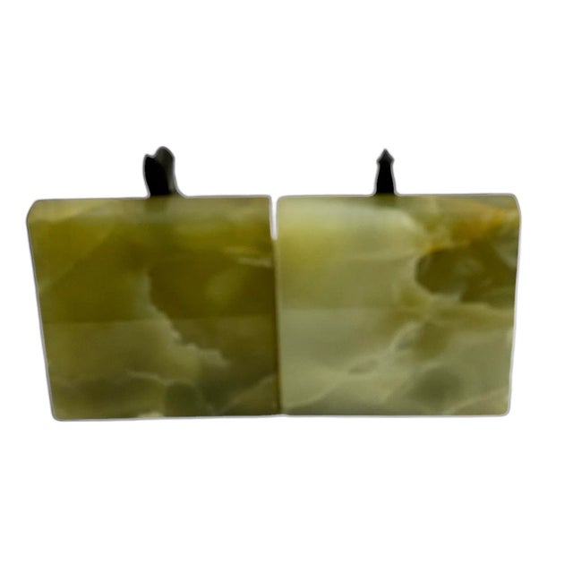 Pair of 1940s Art Deco Green Marble Stone & Black Metal Angel Fish