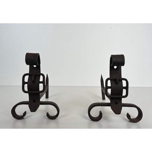 1950s Pair of cast iron andirons representing a belt. French work. For Sale - Image 4 of 12