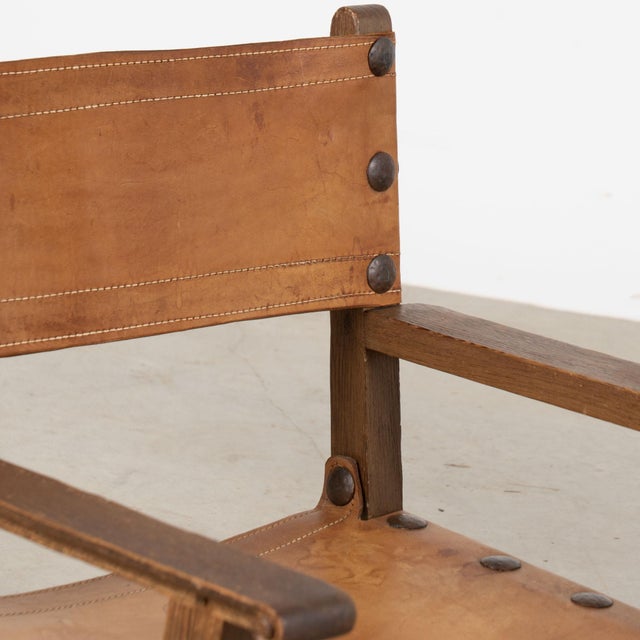 Pair of Mid-Century Spanish Brutalist Cognac Leather Arm Chairs For Sale - Image 4 of 17