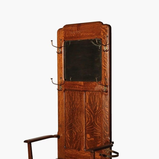 Antique Stickley School Arts & Crafts Oak Hall Seat With Mirror & Hooks, C1920. 75 3/4" x 37" x 18 3/4". This exquisite...