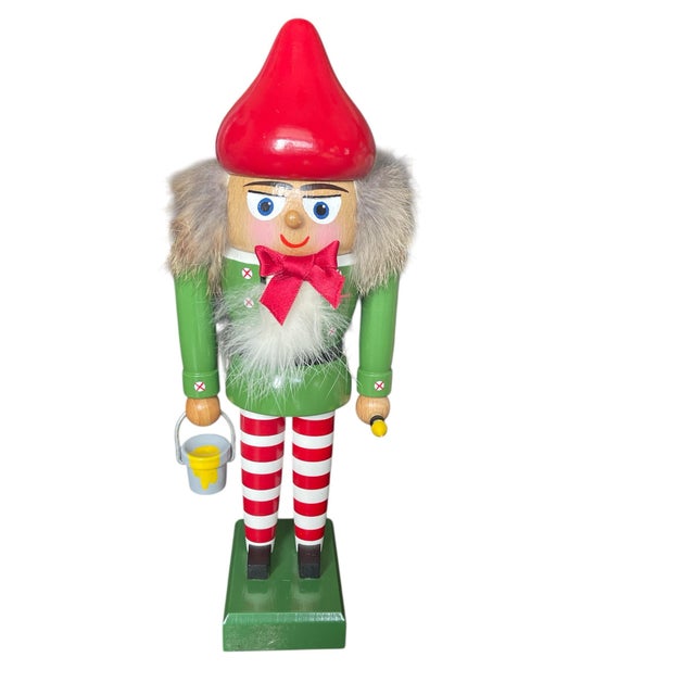 Green Kwo Em Merck Collection Elf Santa Helper Old World Christmas Nutcracker For Sale - Image 8 of 9