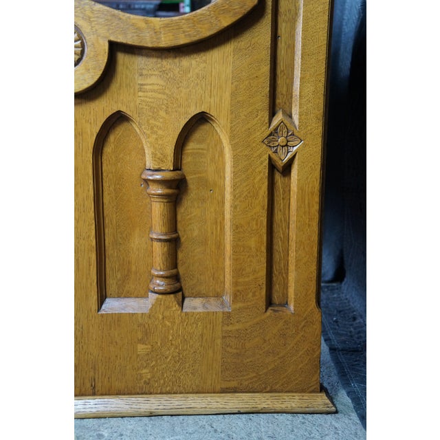 2 Antique Gothic Revival Quartersawn Oak Carved Church Pews Deacon Bench Pair For Sale - Image 18 of 18