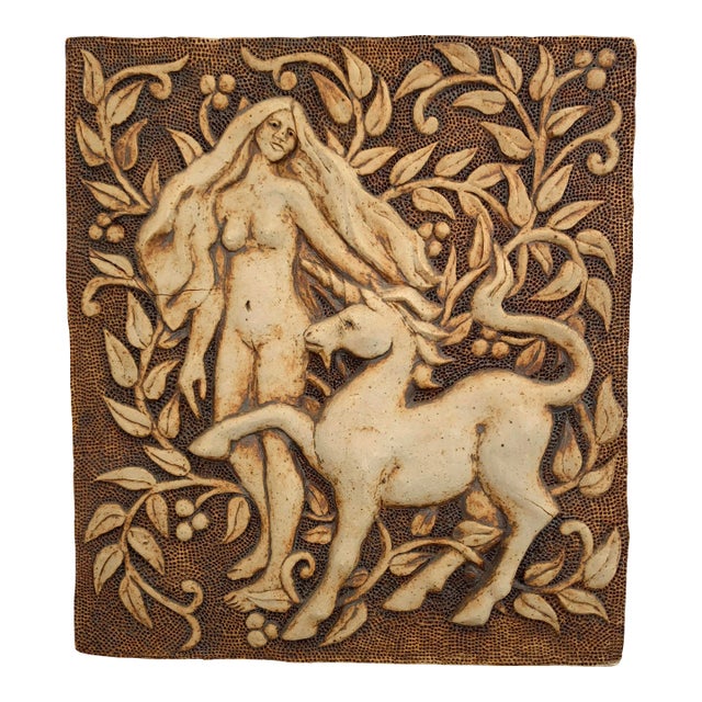1970s The Lady and the Unicorn Ceramic Three Dimensional Art Tile, Signed C. Potter For Sale