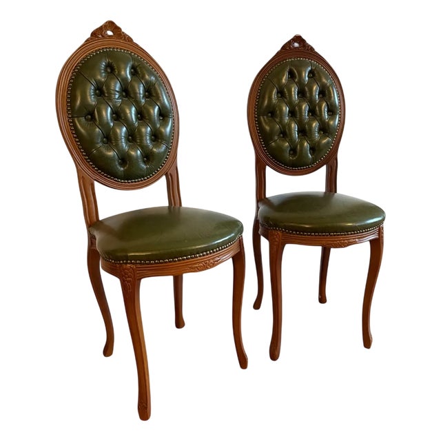 Louis XVI Style Green Leather Chairs, Set of 2 For Sale