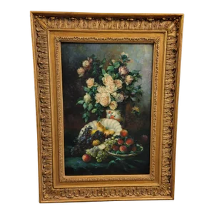 Vintage Oil on Canvas Floral Painting in Gold Gilt Frame, Signed